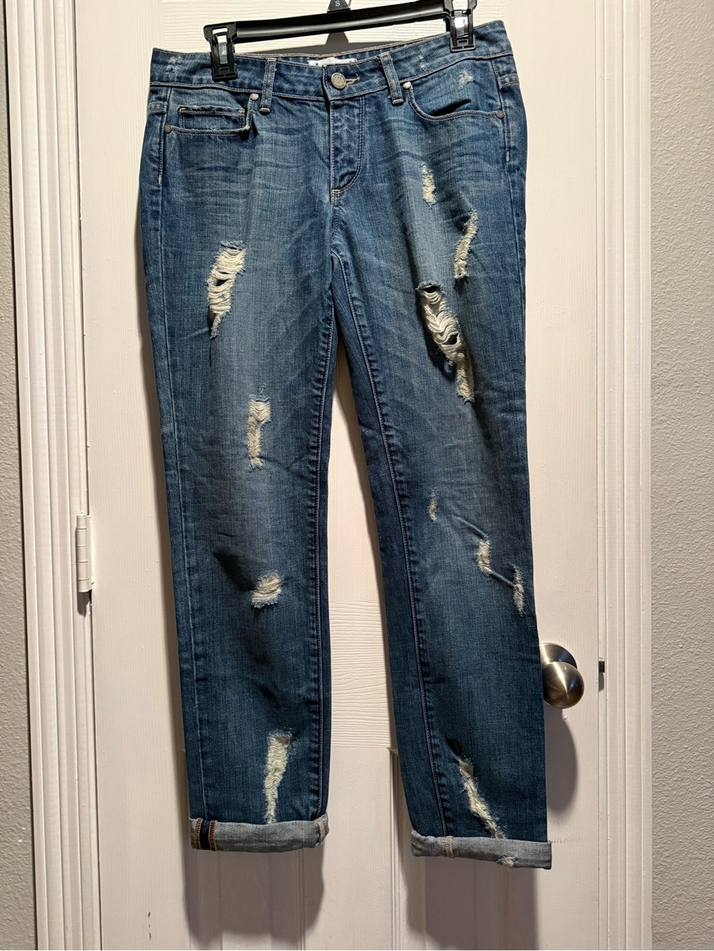 PAIGE Distressed Boyfriend Jeans Size 27 Medium Wash Cuffed Premium Denim